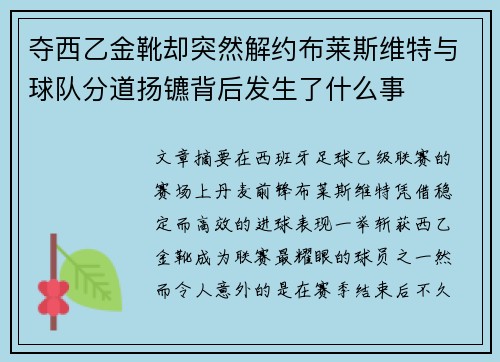 夺西乙金靴却突然解约布莱斯维特与球队分道扬镳背后发生了什么事